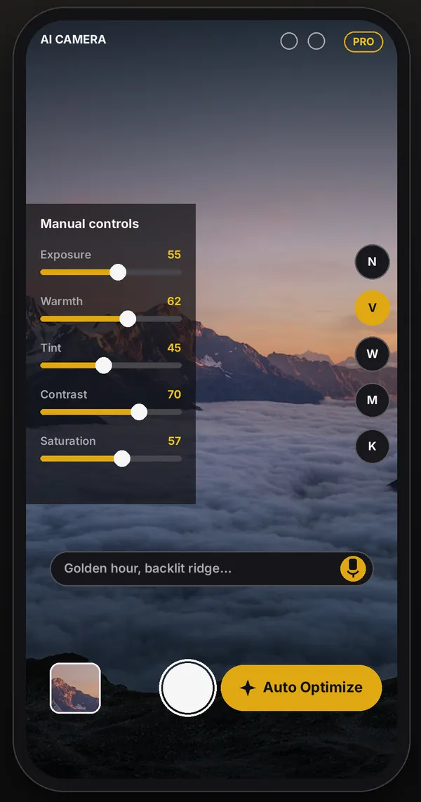 ProTune AI Camera on Android with the manual controls drawer open: exposure, warmth, tint, contrast and saturation sliders next to the Auto Optimize button.